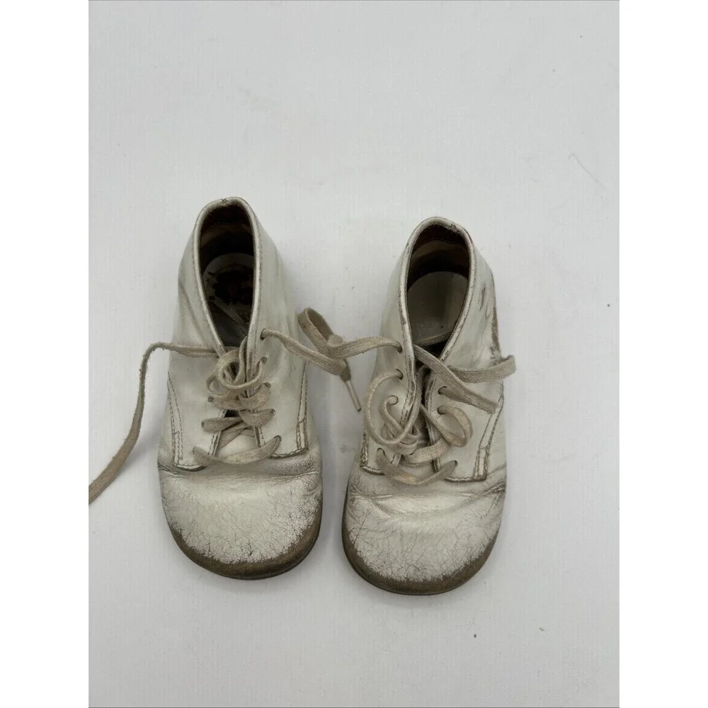 Vtg White Leather Baby Shoes Toddler Size 4.5 Wide Lace Up Mid Top Booties 5